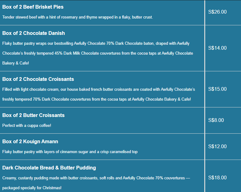 Awfully Chocolate menu- PASTRY BOXES Price List