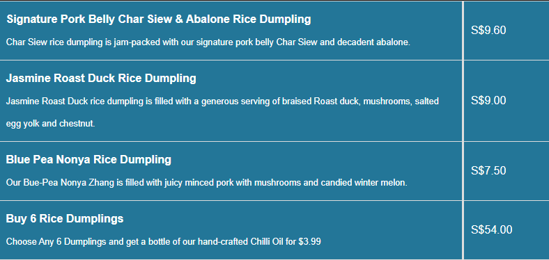 Char Restaurant menu Rice Dumplings Price List