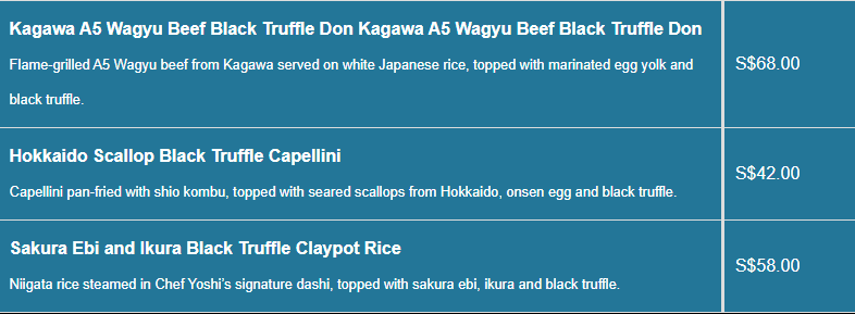 Nozomi Menu Black Truffle Specials Price