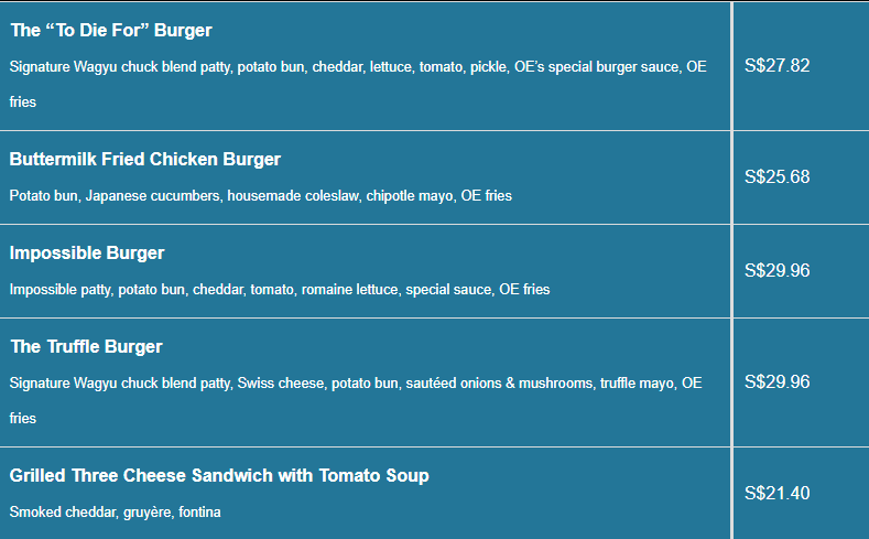 Overeasy menu- Burgers & Sandwiches Price List