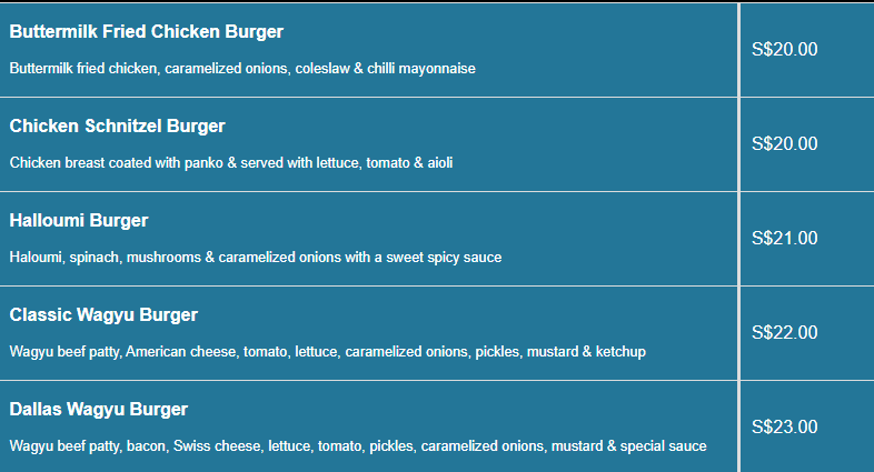 Dallas menu Burgers Price