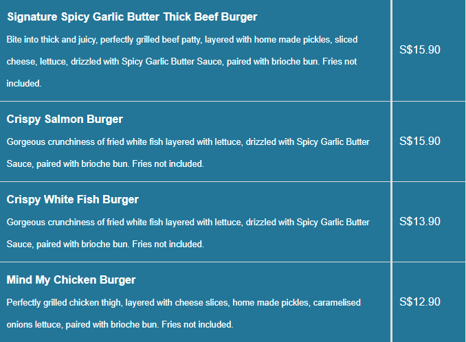 Manhattan menu- Burgers (NEW) Price List