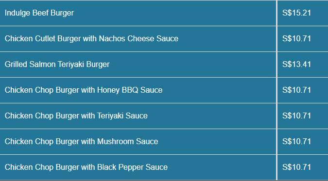 Indulge Menu- Burgers Price List