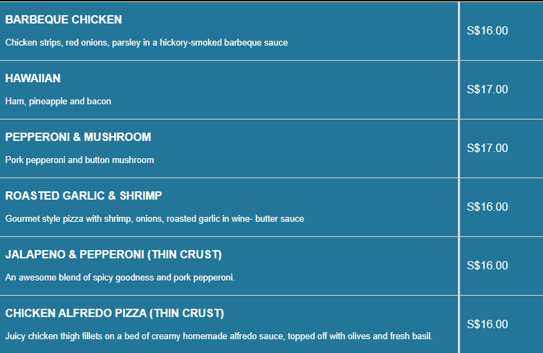 Yellow Cab menu- Classic Pizza Price List