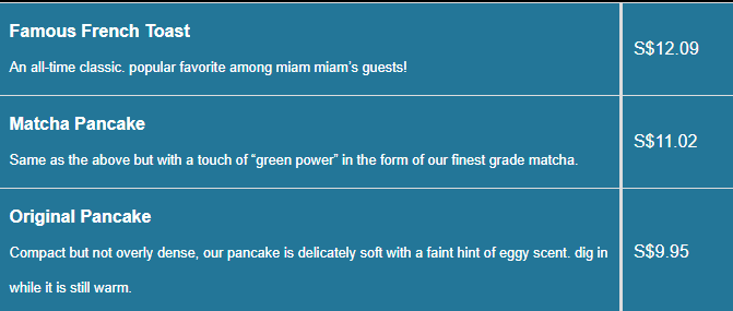 Miam Miam menu- Desserts Price List
