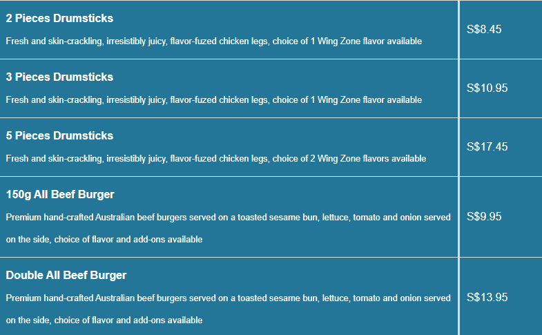 Wing Zone menu- Drumsticks Price List