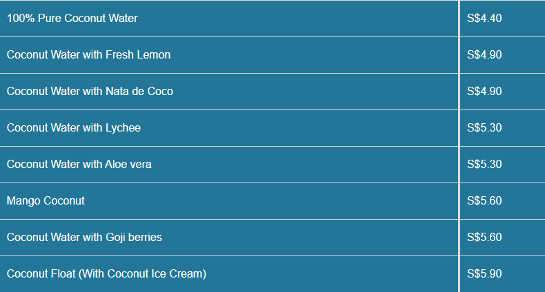 CoCoCane menu- Fresh Coconut Water Price List