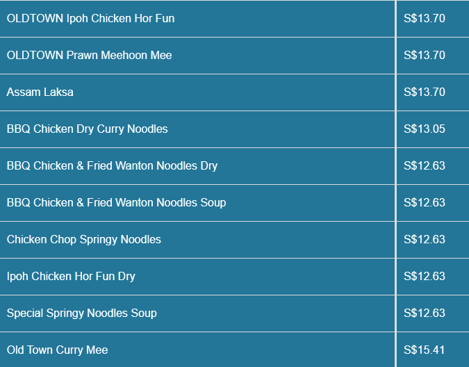 OldTown White Coffee menu- Noodles Set Meal Price List