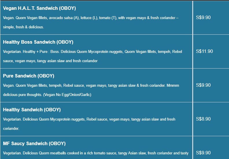 Rebel menu- Oboy Sandwiches Price List