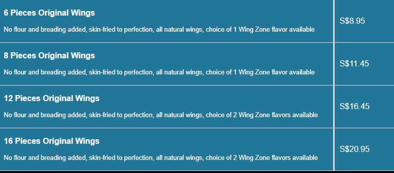 Wing Zone menu- Original Wings Price List