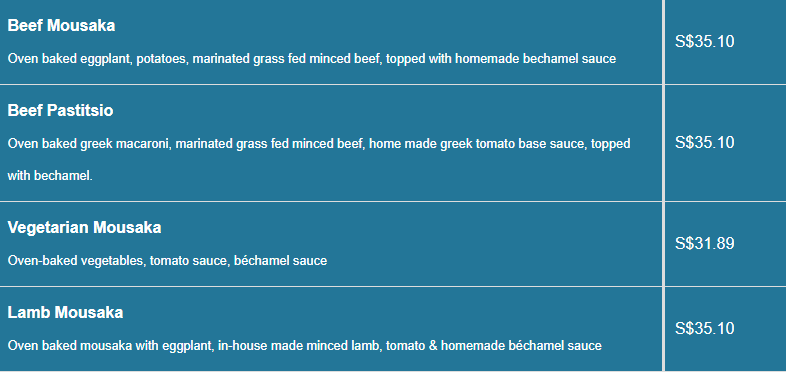 Blu Kouzina menu- Oven Baked Meal Price List