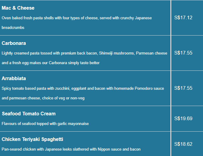 Miam Miam Menu- Pasta Price List