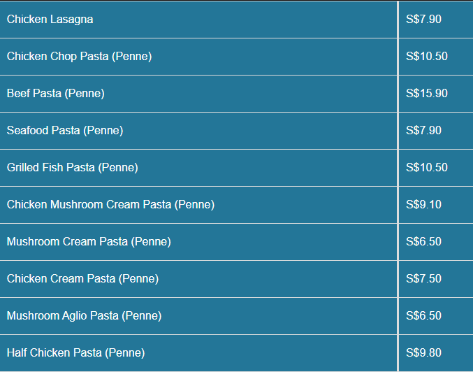 Amigos Restaurant menu Pasta Price List