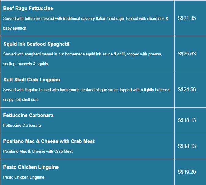 Positano Risto Menu- Pasta & Co Pizza Price List
