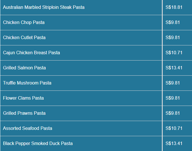Indulge Menu- Pasta Price List