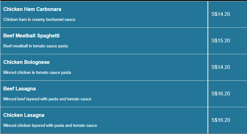 Glare menu Pasta Price Table