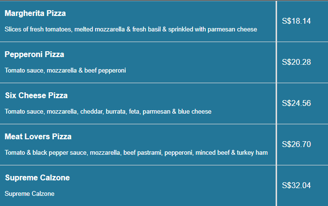 Positano Risto menu- Pizza Price List