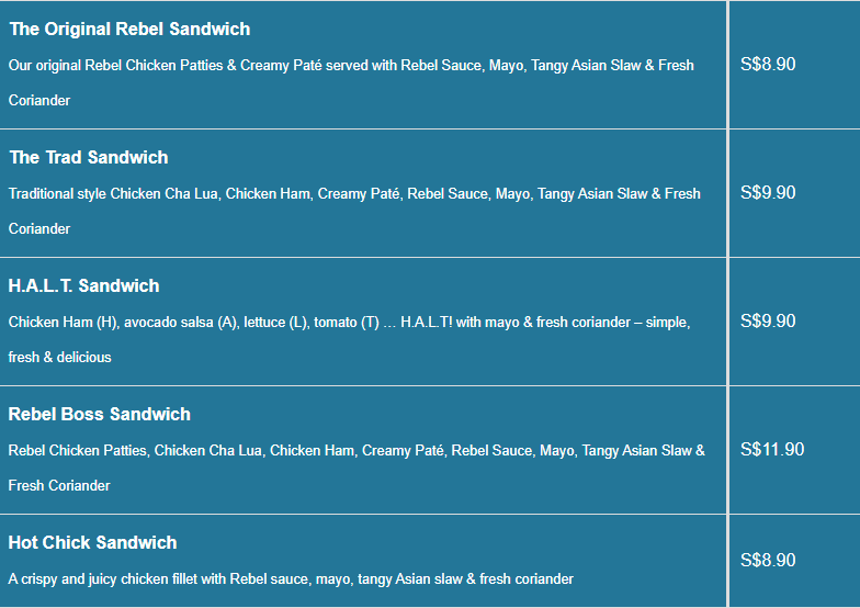 Rebel menu Sandwiches Price List