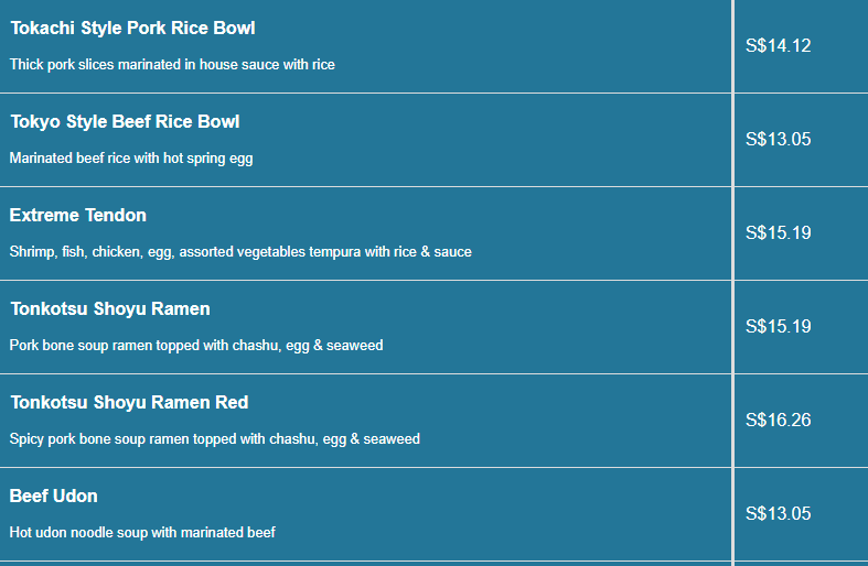 Watami menu- Singapore Rice & Noodle Price