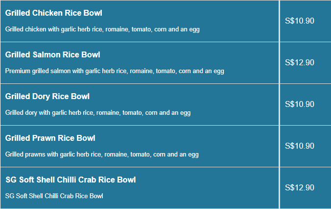 Manhattan menu- Rice Bowls Price List
