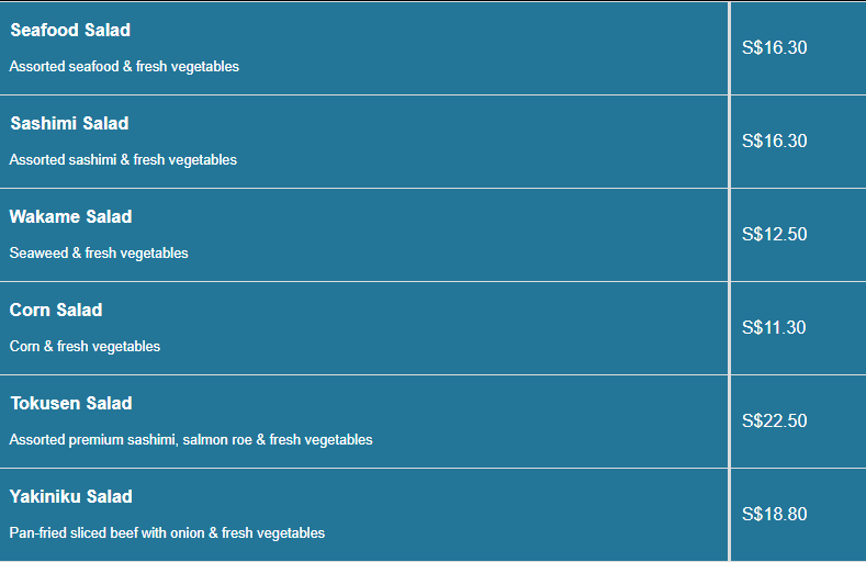 Sushi Tei menu- Salads Price List