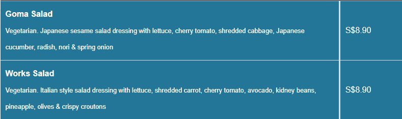 Rebel menu Salads Price List