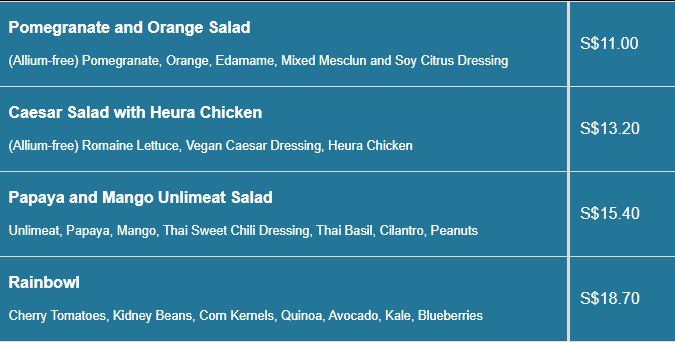 Green Common menu- Salads Price Table