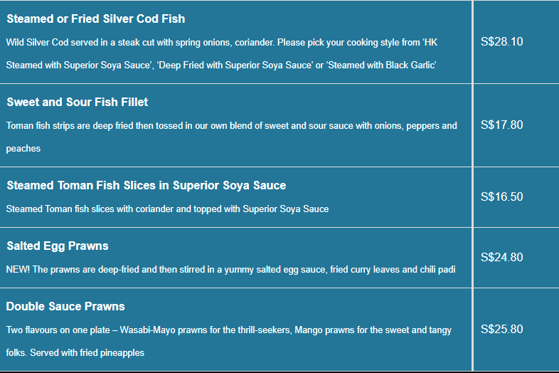 Char Restaurant menu Seafood Price List