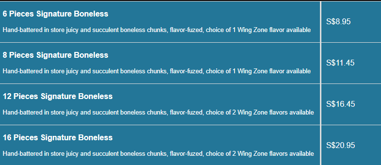 Wing Zone menu- Signature Boneless Price List