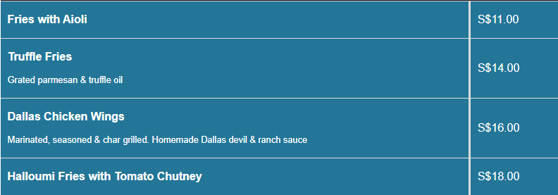 Dallas menu Snaks Price