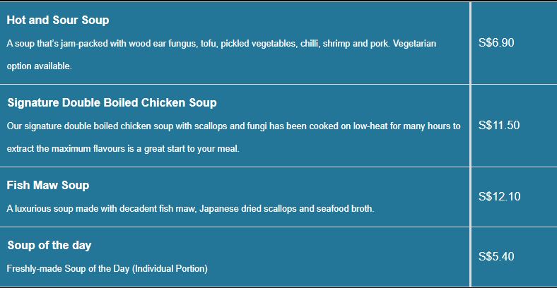 Char Restaurant menu Soup Price List