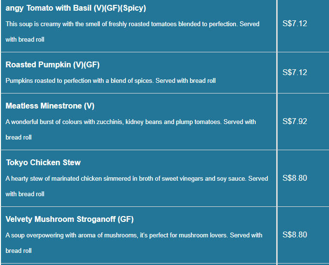 Soup Spoon menu- A La Carte Soups Price List