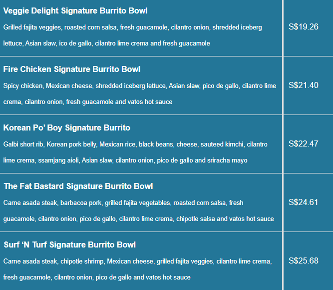 Vatos Urban Tacos menu- Signature Burrito Bowls Price List