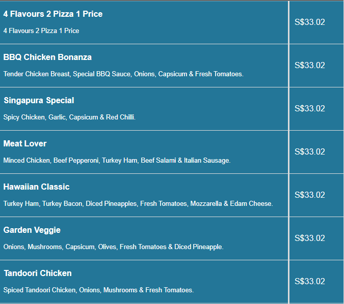 Canadian Pizza menu- Standard (2 Pizzas) Price List