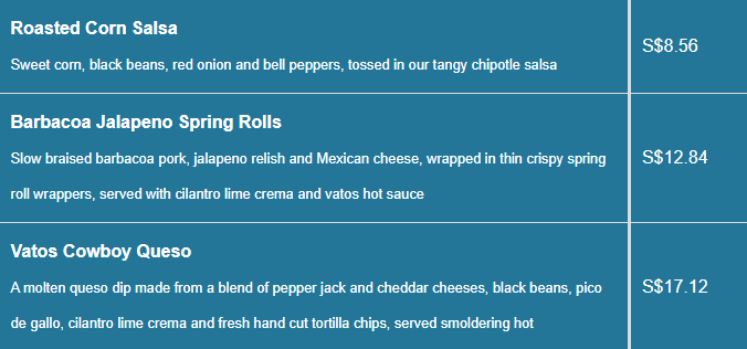 Vatos Urban Tacos menu- Starters Price List