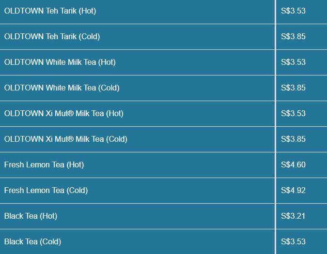 OldTown White Coffee menu- OLDTOWN Tea Price List