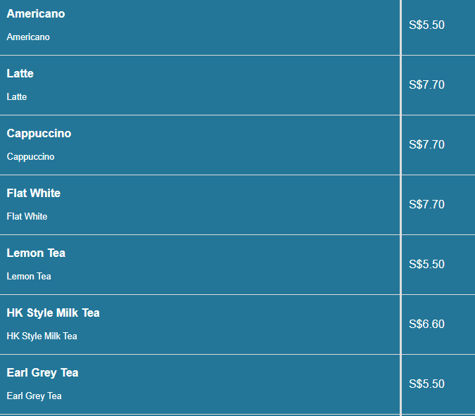Green Common menu-COFFEE & TEA Price Table