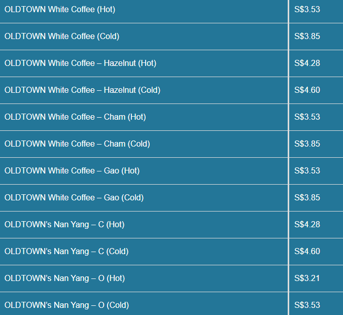 OldTown White Coffee menu - OLDTOWN White Coffee Price List