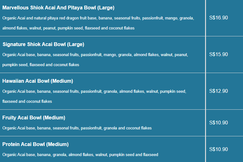 Acai Beach Club menu- Acaí Bowls Price List