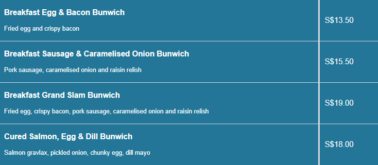 PS Cafe menu- All Day Bunwich Price List