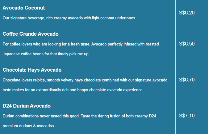 Fruce menu Avocado Price List