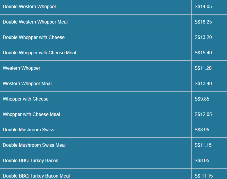 Burger King menu beef burger price list