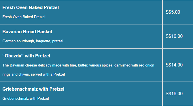 Paulaner Brauhaus menu- Pretzels and Breads Price List