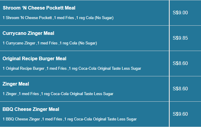KFC Burgers Price List