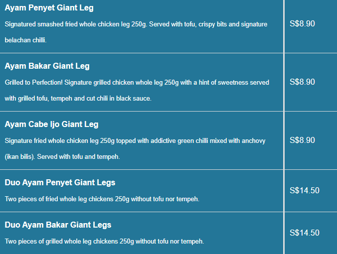 Ayam Penyet President menu- Chicken dishes Price List