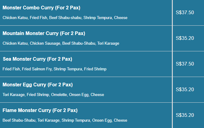 Monster Planet menu- Combo Curry Price List