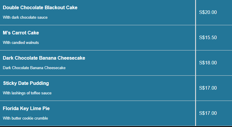 PS Cafe menu- Desserts Price List