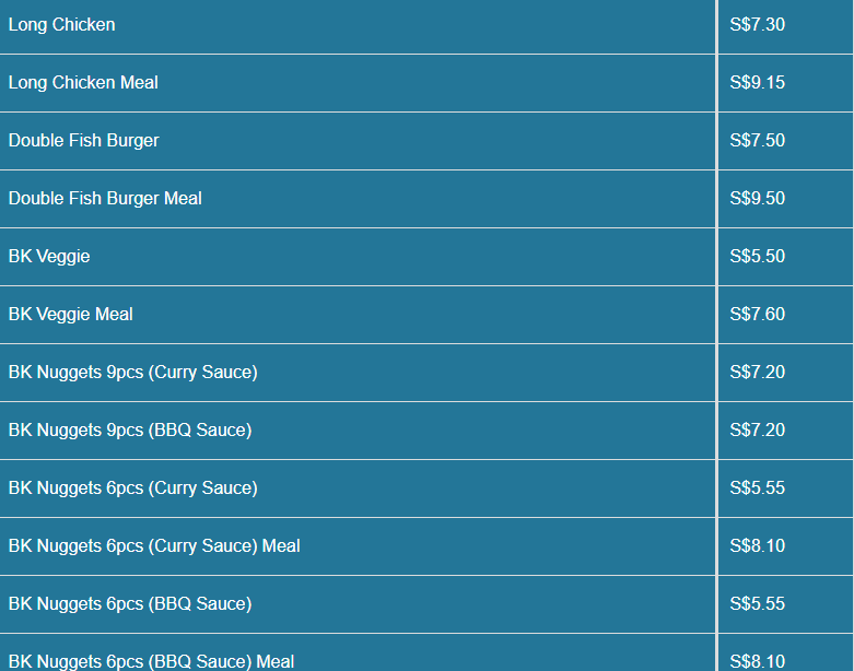 Burger King menu- Chicken & Fish Burgers price list