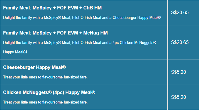 McDonald’s menu- For The Family Price List