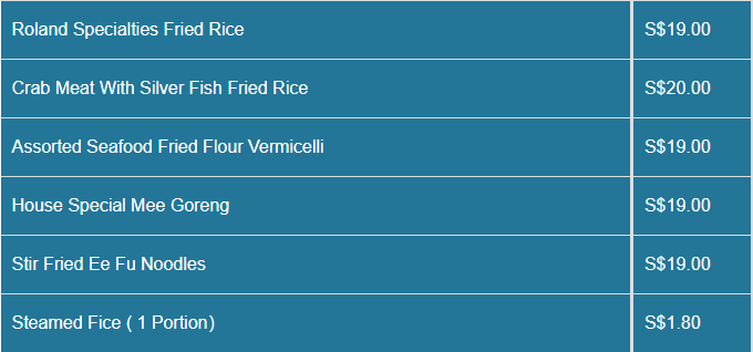 Roland Restaurant menu- Fried Rice And Noodles Price